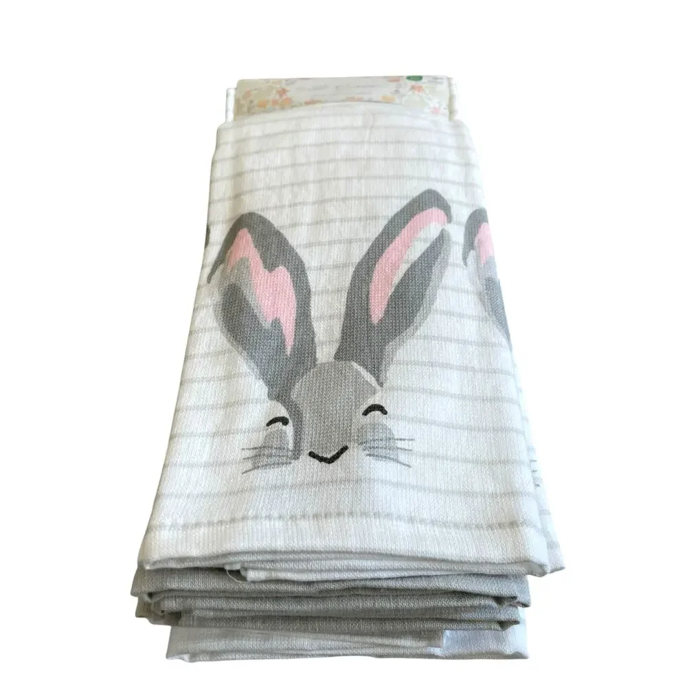 La Cuisine EASTER Bunny Cotton Kitchen Towels Set of 4 Gray & White Stripe New